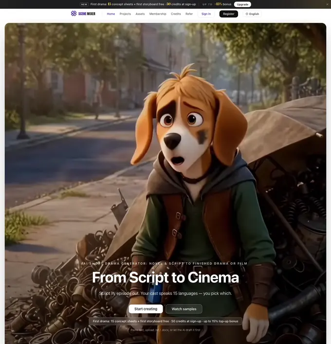 The scenemixer.com home page as it appeared on 16 September 2026.